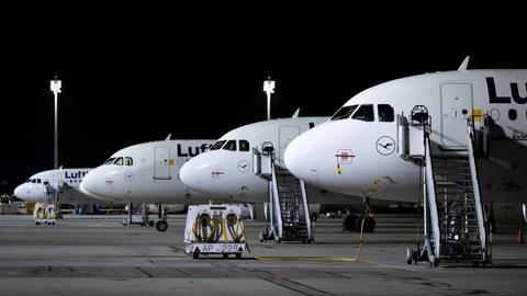 Bayern, München: Flugzeuge der Lufthansa stehen am Flughafen München auf dem Vorfeld.