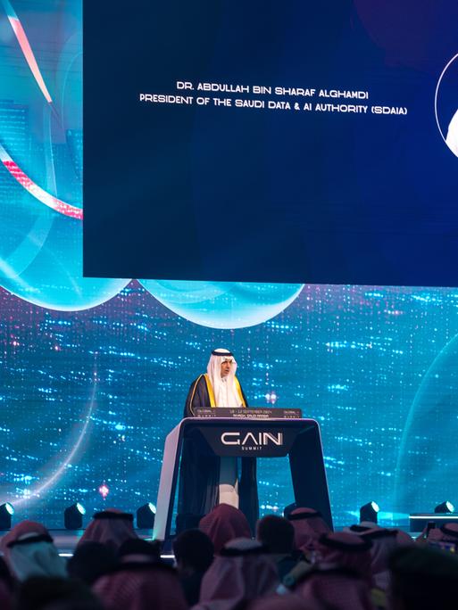 (240910) -- RIYADH, Sept. 10, 2024 (Xinhua) -- Abdullah bin Sharaf Al-Ghamdi, president of the Saudi Data and Artificial Intelligence Authority (SDAIA), delivers a speech at the opening ceremony.