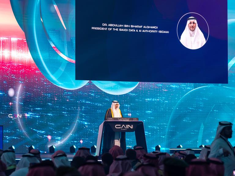 (240910) -- RIYADH, Sept. 10, 2024 (Xinhua) -- Abdullah bin Sharaf Al-Ghamdi, president of the Saudi Data and Artificial Intelligence Authority (SDAIA), delivers a speech at the opening ceremony.