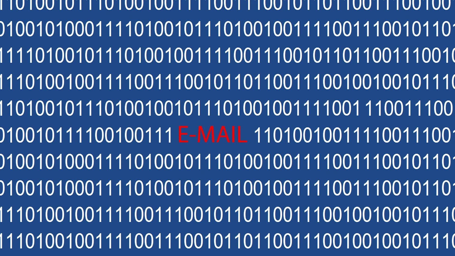 Illustration: E-Mail Schriftzug in rot zwischen binären Codes. Illustration: E-Mail Schriftzug in rot zwischen binären Codes.