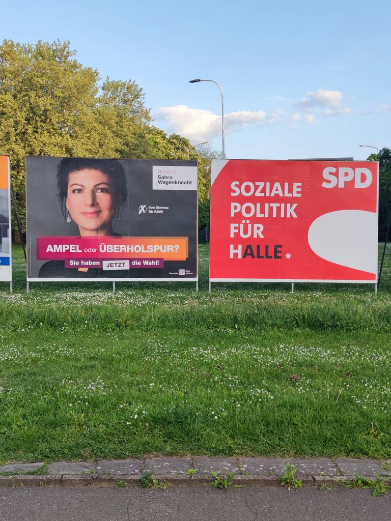 Auf einer Wiese stehen Wahlplakate zur Europa- und Kommunalwahl in Sachsen-Anhalt