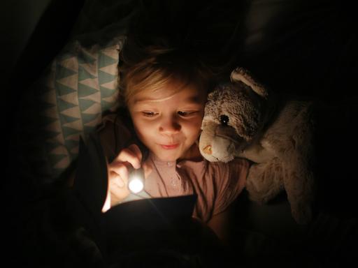 Ein kleines Mädchen liest unter der Decke ihrem Kuscheltier ein Buch vor.