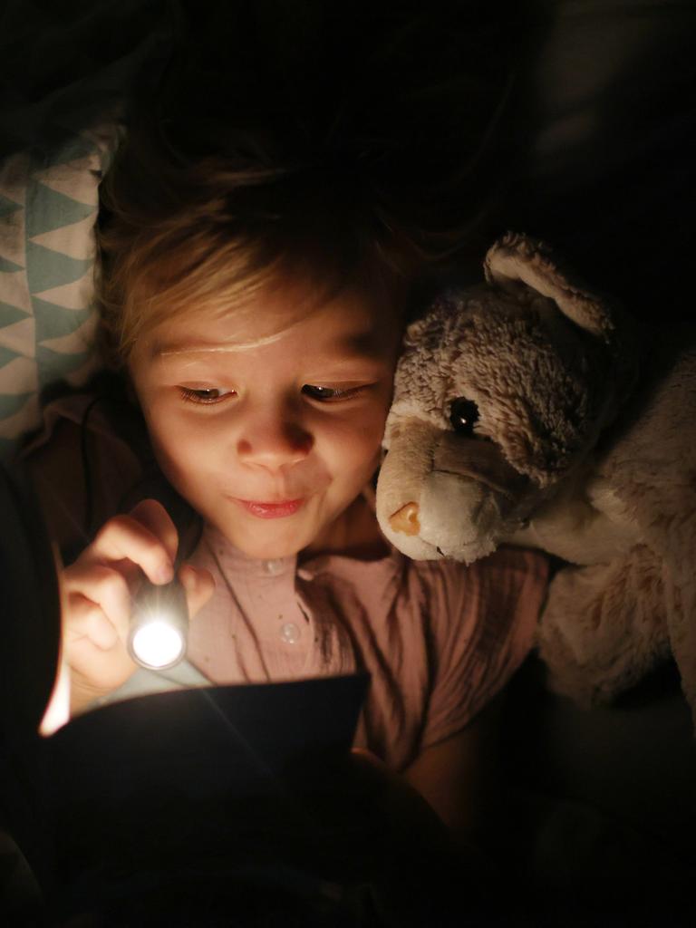 Ein kleines Mädchen liest unter der Decke ihrem Kuscheltier ein Buch vor.