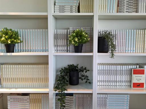 Ein weißes Bücherregal "Billy" von Ikea mit Büchern und einigen Pflanzen.