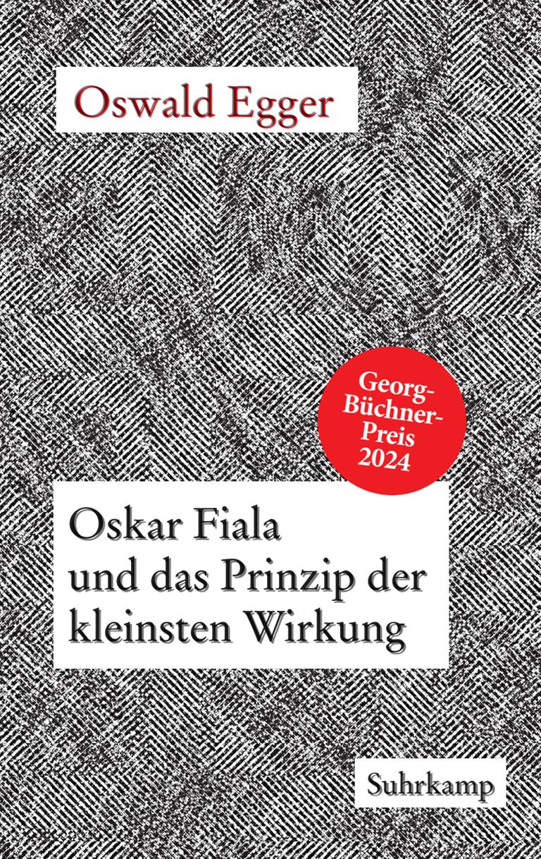 Das Cover von Oswald Eggers Buch „Oskar Fiala und das Prinzip der kleinsten Wirkung“ zeigt eine minimalistische, abstrakte Darstellung mit geometrischen Formen in dunklen und hellen Tönen.