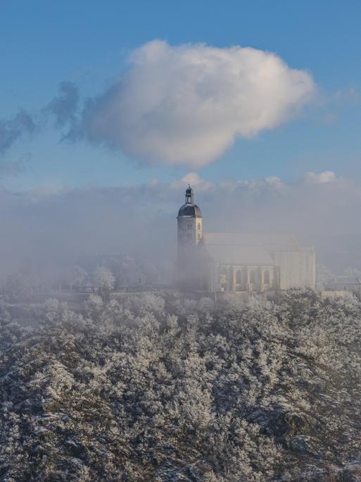 Die Szene zeigt eine winterliche Landschaft mit schneebedeckten Bäumen und der Wallfahrtskirche Mariä Himmelfahrt auf dem Bogenberg. Der Himmel hat einige Wolken und das Licht ist klar. 
