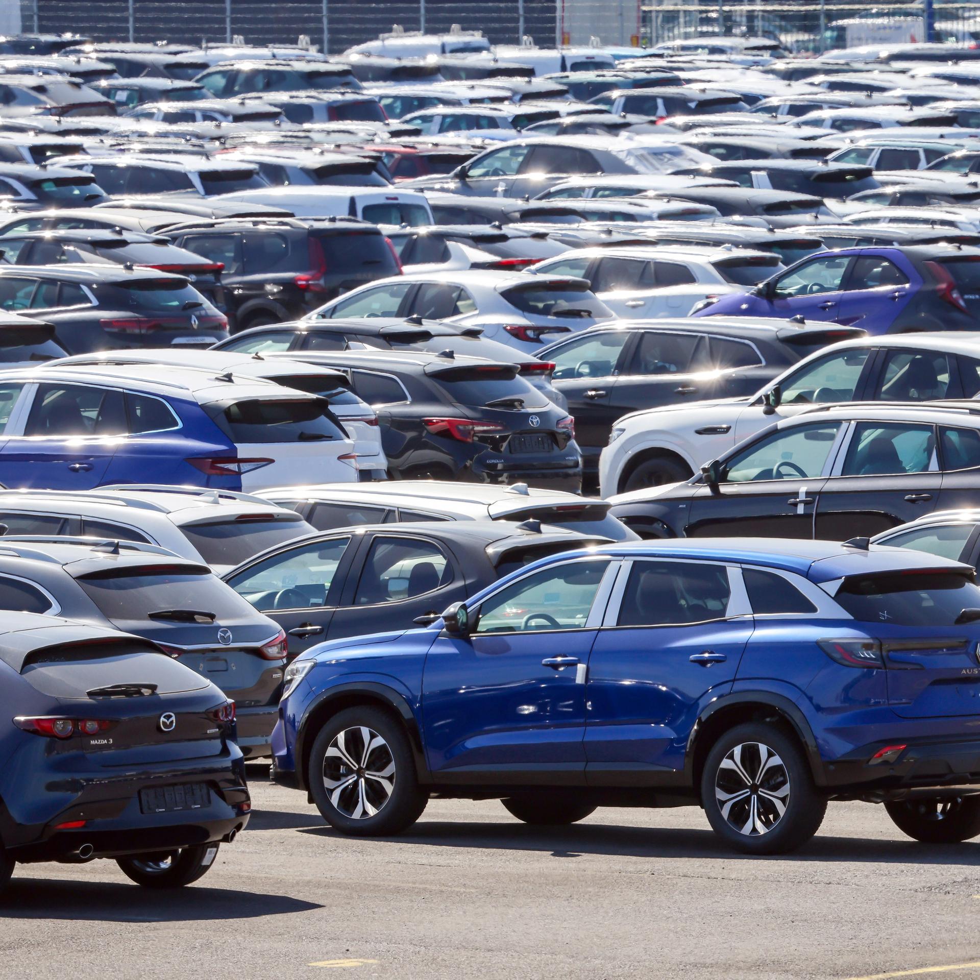Am Autoterminal im Duisburger Hafen stehen viele Neuwagen