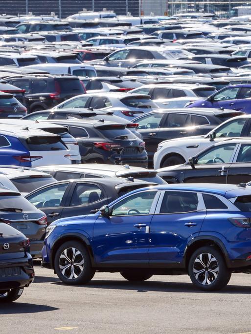 Am Autoterminal im Duisburger Hafen stehen viele Neuwagen