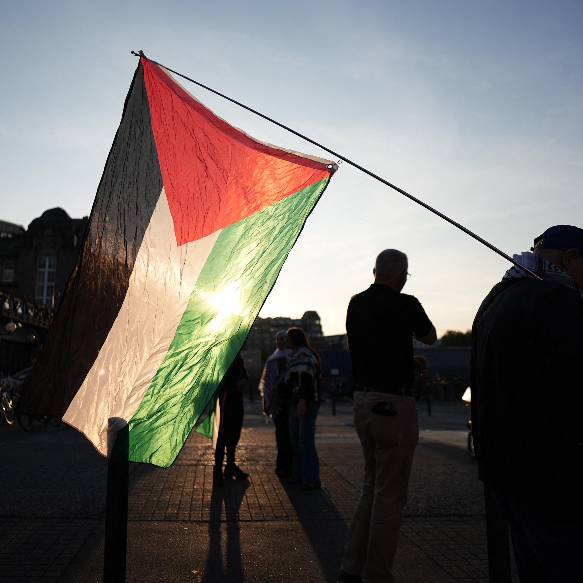 Ein Teilnehmer trägt eine palästinensische Flagge in Hamburg.