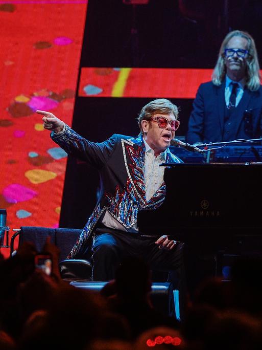 Elton John performs at the final leg of his 'Farewell Yellow Brick Road' tour in Stockholm, Saturday, July 8, 2023. (AP Photo/Caisa Rasmussen)