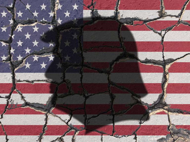 Silhouette von Donald Trump vor der USA-Flagge.
