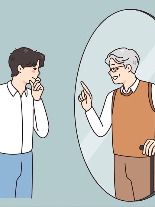 Illustration: Ein junger Mann schaut in den Spiegel, ein alter Mann schaut zurück.