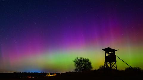 Vor dem grün und violett erleuchteten Nachthimmel zeichnet sich die Silhouette eines Hochstands ab.