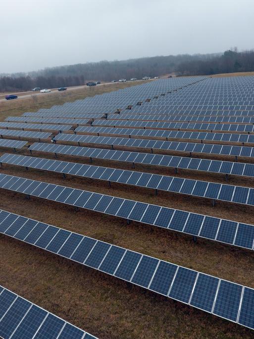 Solarpanele auf einem Feld neben einer Überlandstraße.