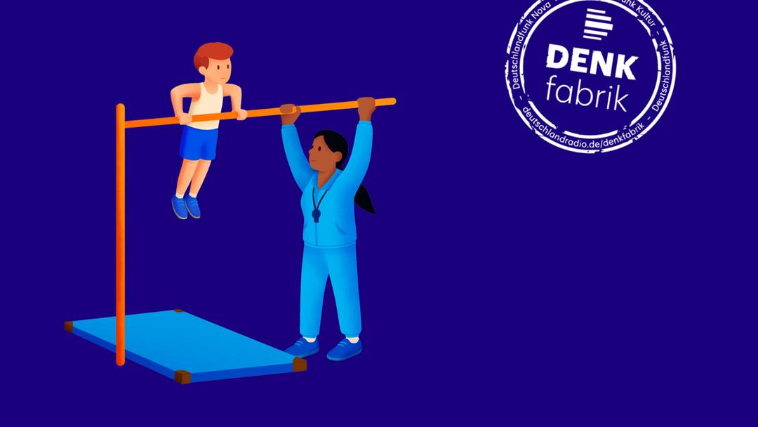 Illustration zeigt einen Jungen am Reck, neben ihm steht eine Sportlehrerin die eine Seite der Stange hochhält.