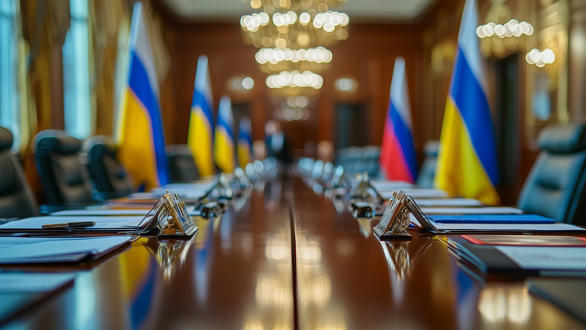 Auf einem langen Konferenztisch sind an den jeweiligen Sitzplätzen Unterlagen zu sehen. Im Hintergrund sind ukrainische und russische Flaggen aufgestellt.