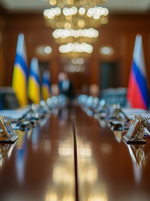 Auf einem langen Konferenztisch sind an den jeweiligen Sitzplätzen Unterlagen zu sehen. Im Hintergrund sind ukrainische und russische Flaggen aufgestellt.