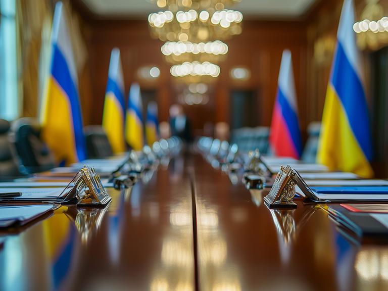 Auf einem langen Konferenztisch sind an den jeweiligen Sitzplätzen Unterlagen zu sehen. Im Hintergrund sind ukrainische und russische Flaggen aufgestellt.