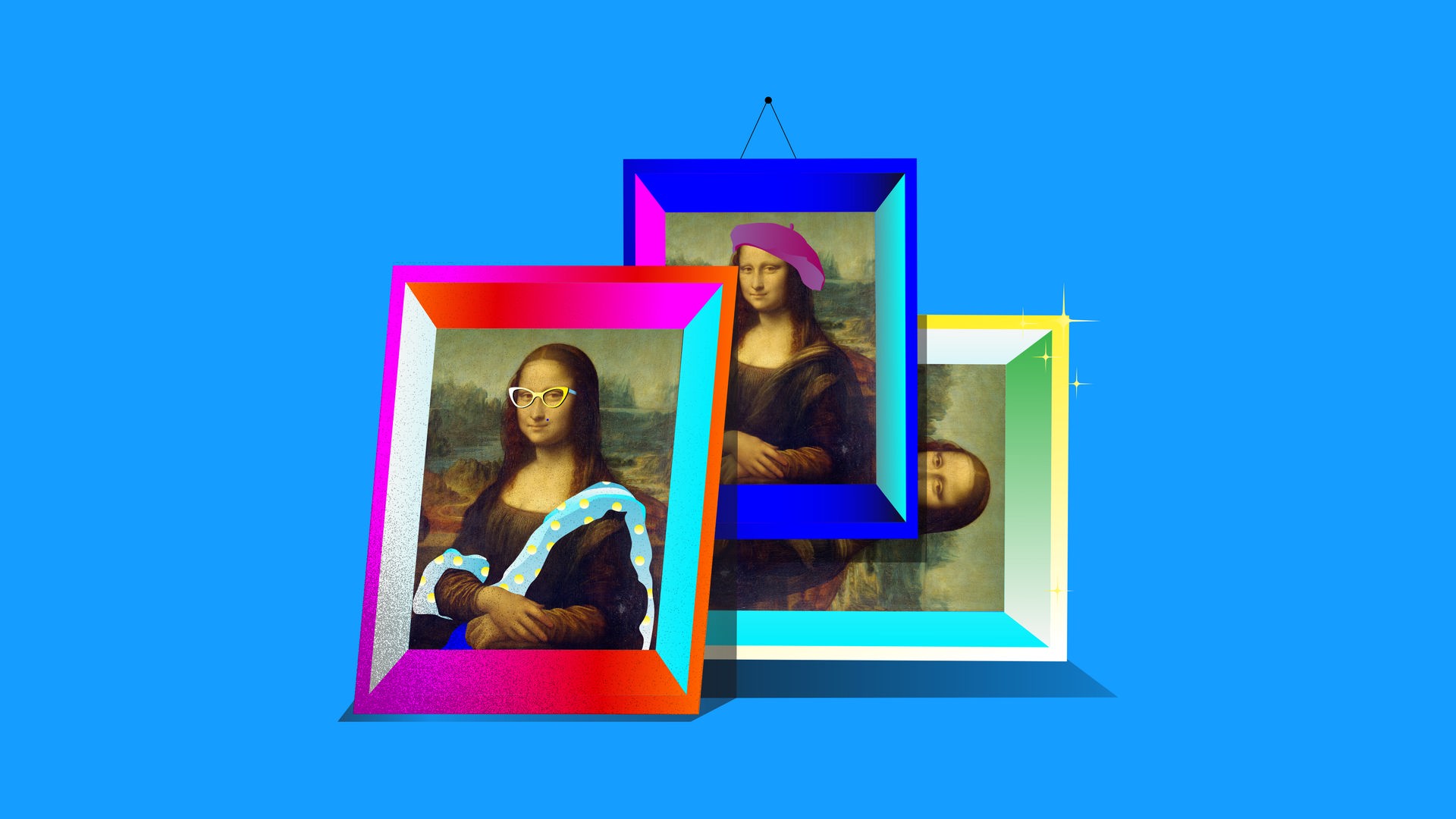 Mehrere verfremdete Mona-Lisa-Gemälde liegen nebeneinander. Mehrere verfremdete Mona-Lisa-Gemälde liegen nebeneinander.