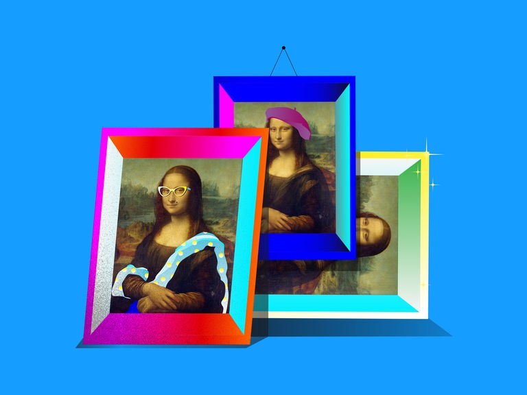 Mehrere verfremdete Mona-Lisa-Gemälde liegen nebeneinander.