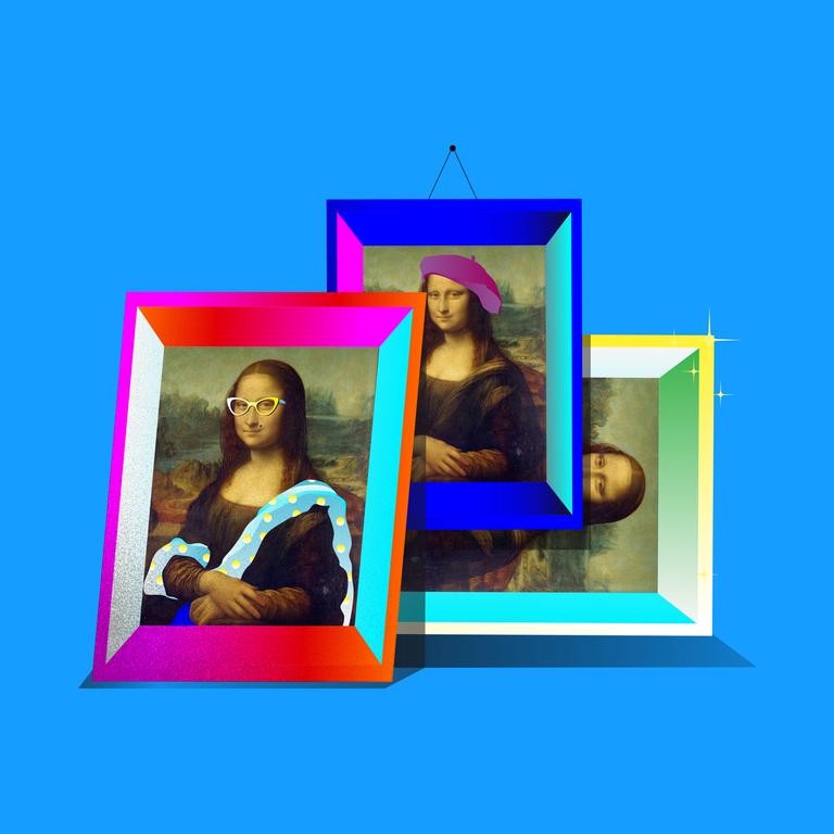 Mehrere verfremdete Mona-Lisa-Gemälde liegen nebeneinander.