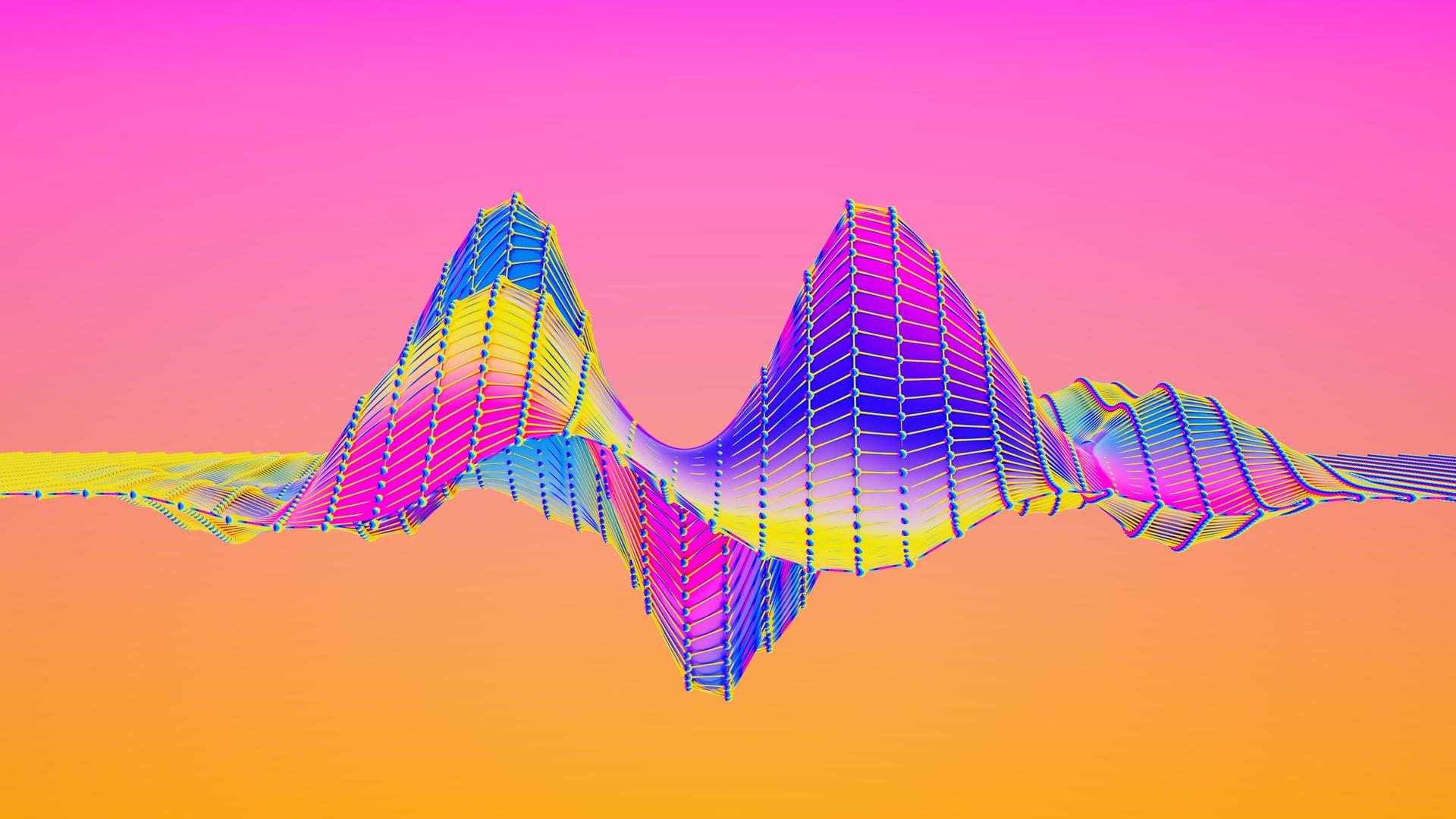 Digital erzeugtes Bild eines abstrakten mehrfarbigen Kurvendiagramms einer Schallwelle auf farbigem Hintergrund, das KI beeinflusste Musik visualisiert.