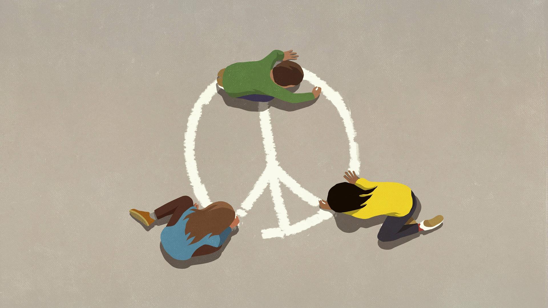 Illustration: Drei Menschen malen mit Kreide ein Peace-Zeichen.