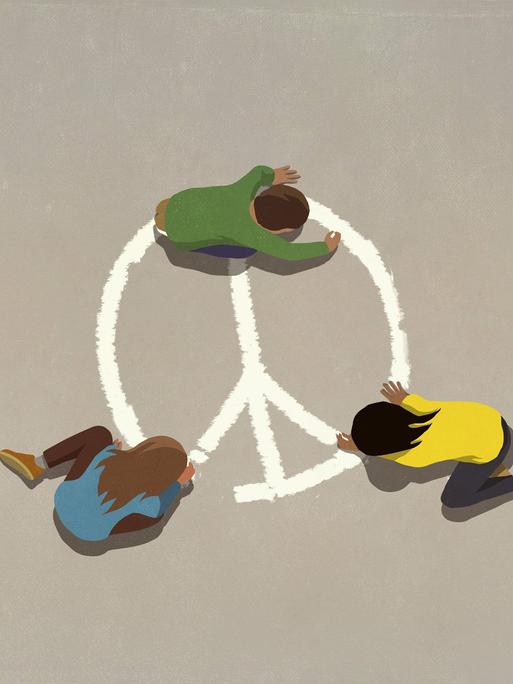 Illustration: Drei Menschen malen mit Kreide ein Peace-Zeichen.