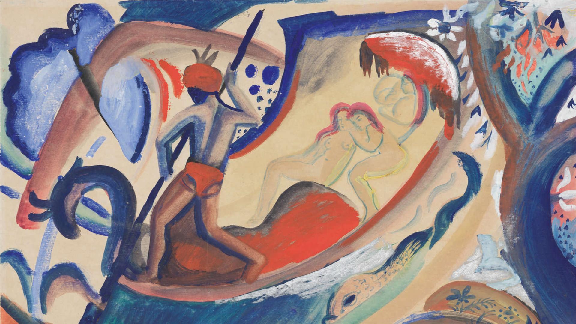 Das Aquarell "Nackte Mädchen in der Barke" von August Macke zeigt Frauengestalten, die in einem Boot liegen, während ein Mann mit Turban rudert. Das Gemälde ist in kräften Rot- und Blautönen gehalten.