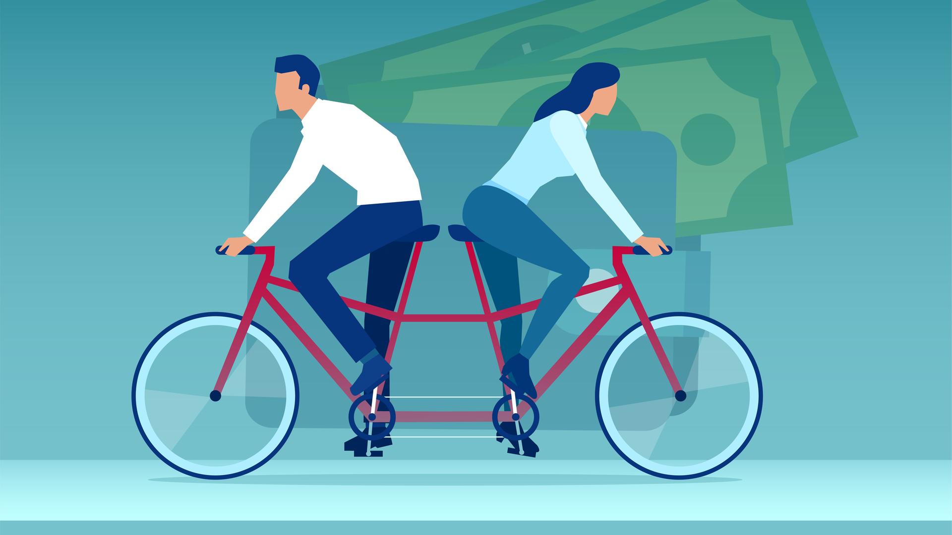 Illustration eines jungen Paares, Frau und Mann, die auf dem Tandemfahrrad in verschiedene Richtungen auf dem Hintergrund einer Brieftasche fahren 

