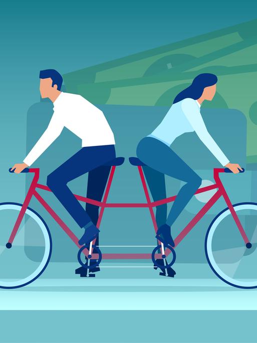 Illustration eines jungen Paares, Frau und Mann, die auf dem Tandemfahrrad in verschiedene Richtungen auf dem Hintergrund einer Brieftasche fahren 

