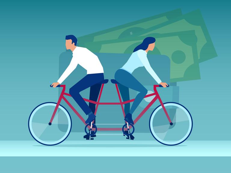 Illustration eines jungen Paares, Frau und Mann, die auf dem Tandemfahrrad in verschiedene Richtungen auf dem Hintergrund einer Brieftasche fahren 

