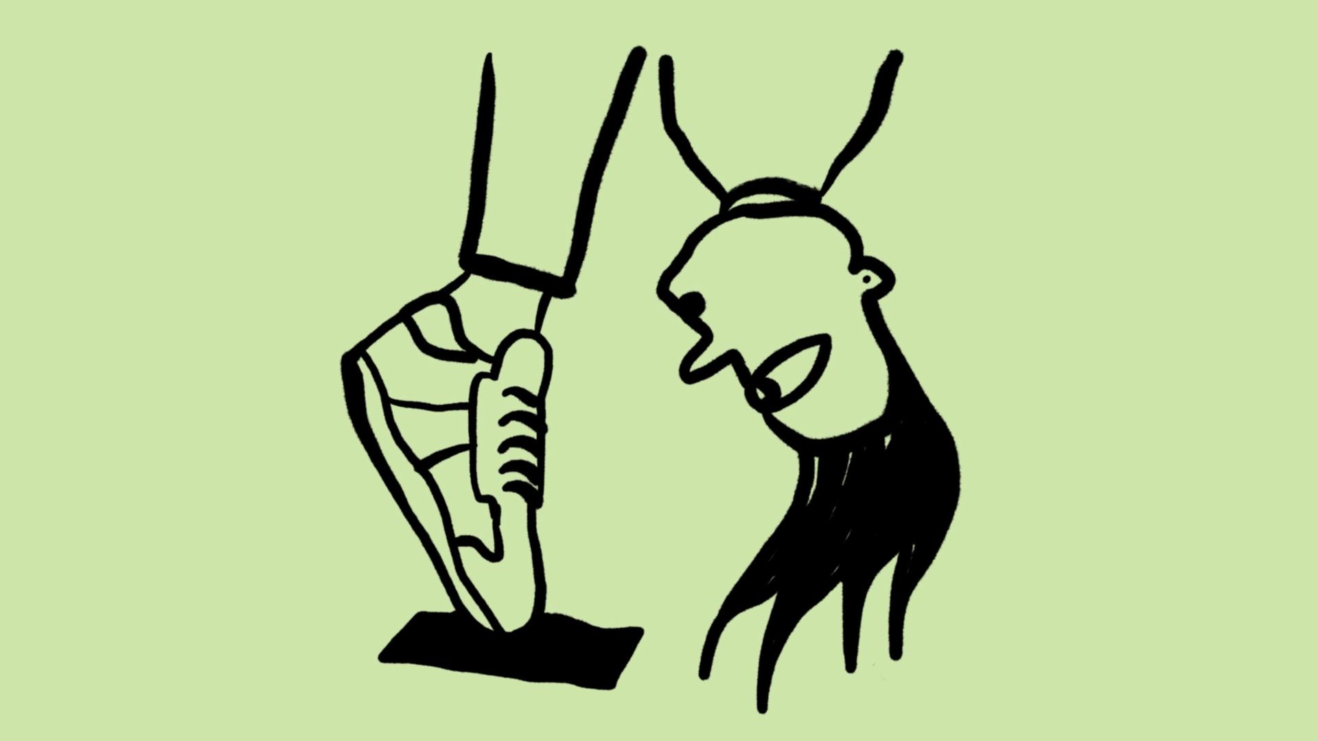 Skizze einer Person, die sich auf Zehenspitzen vornüberbeugt, man sieht nur die Turnschuhe und den Kopf Skizze einer Person, die sich auf Zehenspitzen vornüberbeugt, man sieht nur die Turnschuhe und den Kopf