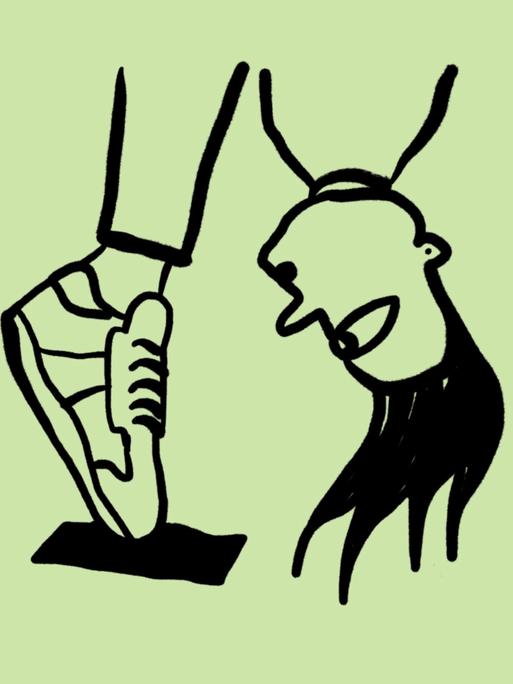 Skizze einer Person, die sich auf Zehenspitzen vornüberbeugt, man sieht nur die Turnschuhe und den Kopf Skizze einer Person, die sich auf Zehenspitzen vornüberbeugt, man sieht nur die Turnschuhe und den Kopf