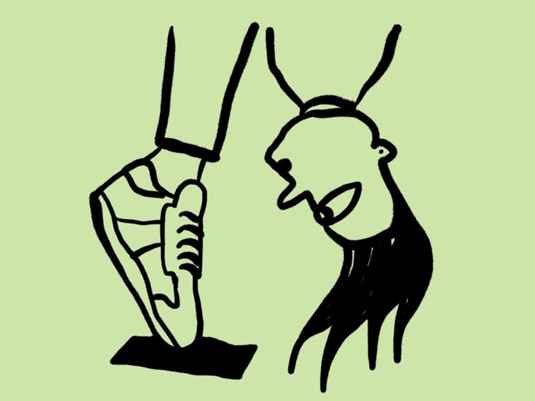 Skizze einer Person, die sich auf Zehenspitzen vornüberbeugt, man sieht nur die Turnschuhe und den Kopf Skizze einer Person, die sich auf Zehenspitzen vornüberbeugt, man sieht nur die Turnschuhe und den Kopf