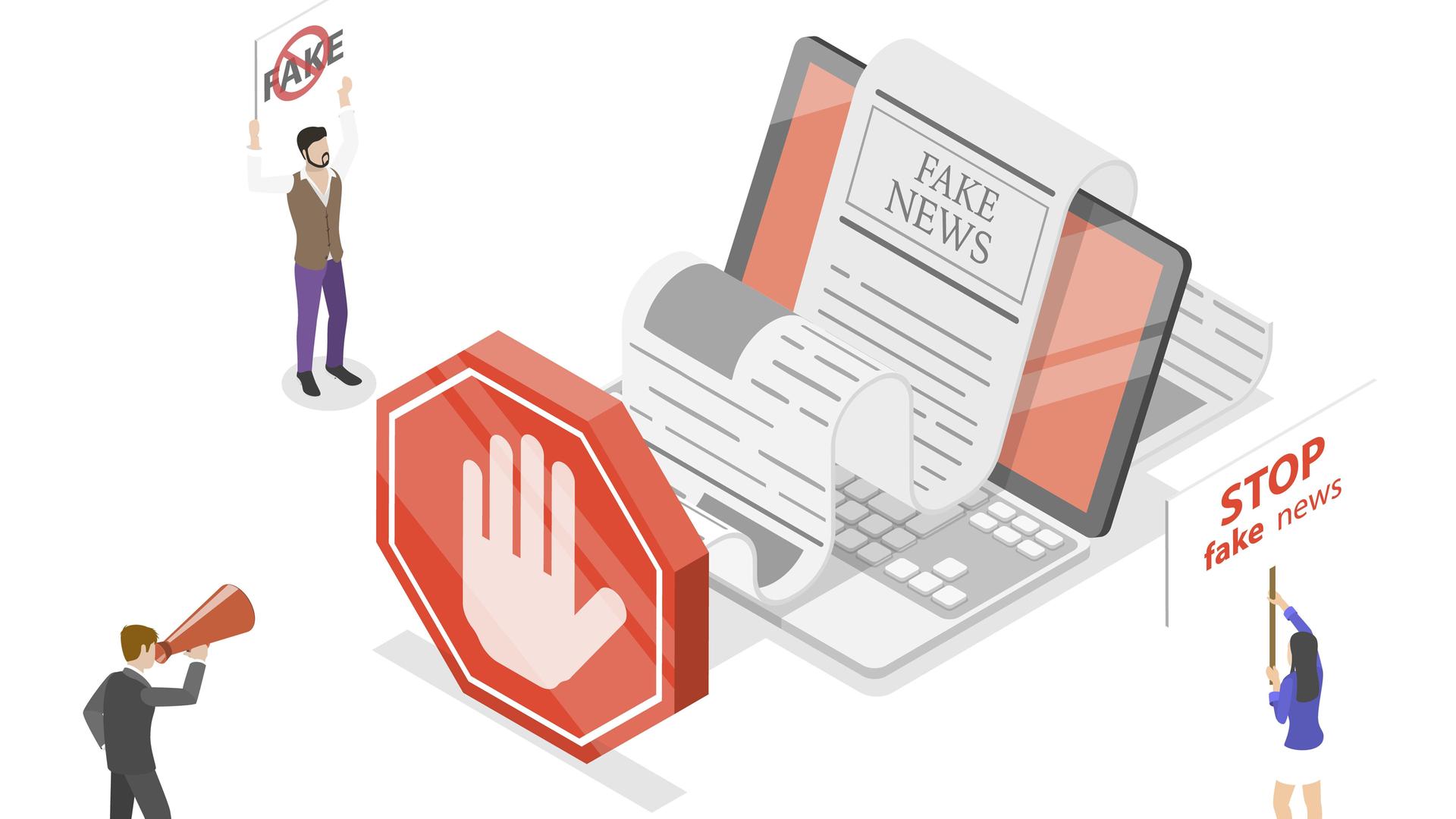 Illustration: Schluss mit Fake News. Isometrische flache 3D Konzeptillustration Illustration: Schluss mit Fake News. Isometrische flache 3D Konzeptillustration