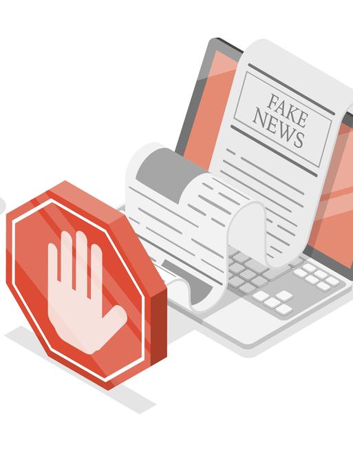 Illustration: Schluss mit Fake News. Isometrische flache 3D Konzeptillustration