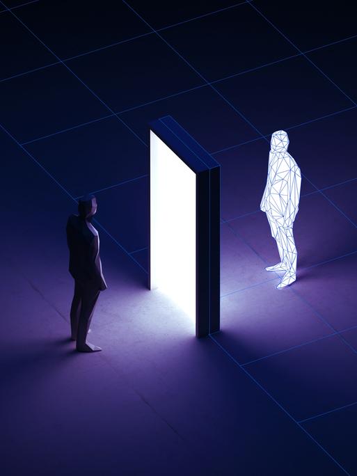 Illustration: Ein menschliche Figur steht vor einer erleuchteten Tür, auf der anderen Seite wird sie digital gespiegelt.