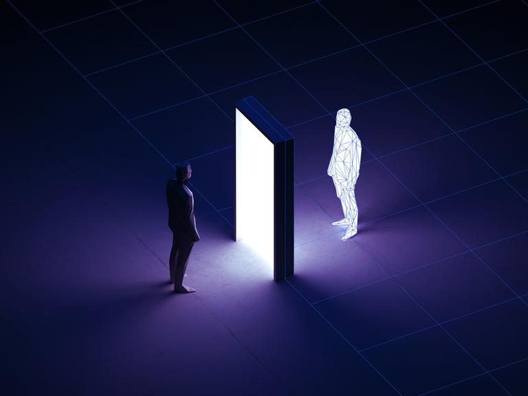 Illustration: Ein menschliche Figur steht vor einer erleuchteten Tür, auf der anderen Seite wird sie digital gespiegelt.