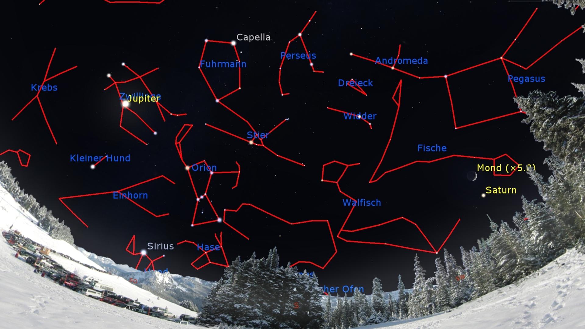 Das Sternbild Capella ist über Stier und Orion sowie links von Perseus zu sehen Das Sternbild Capella ist über Stier und Orion sowie links von Perseus zu sehen