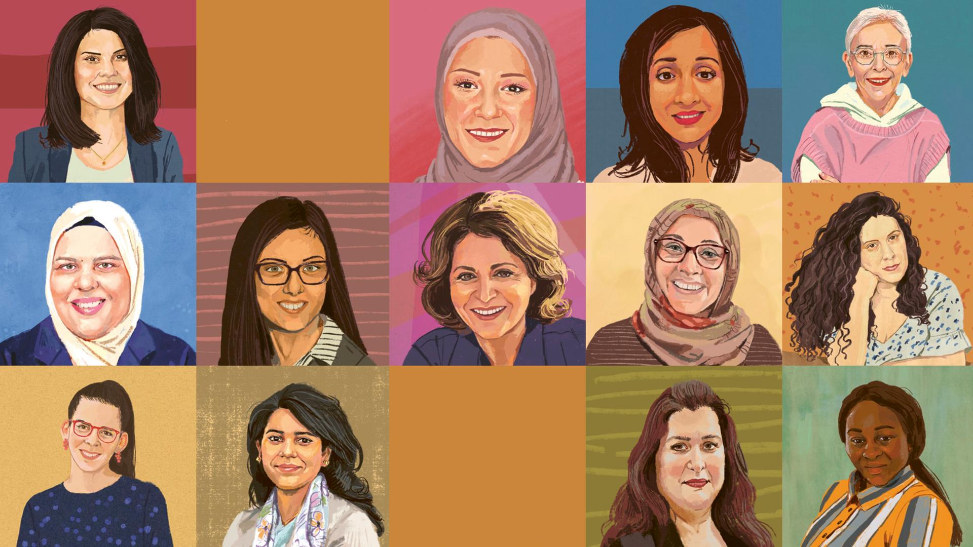 Eine Collage aus 13 gezeichneten Frauenporträts auf orangefarbenem Grund. Es ist das Cover des Buches "Moderne Muslimas: Kindheit - Karriere - Klischees" von Kerstin Finkelstein.