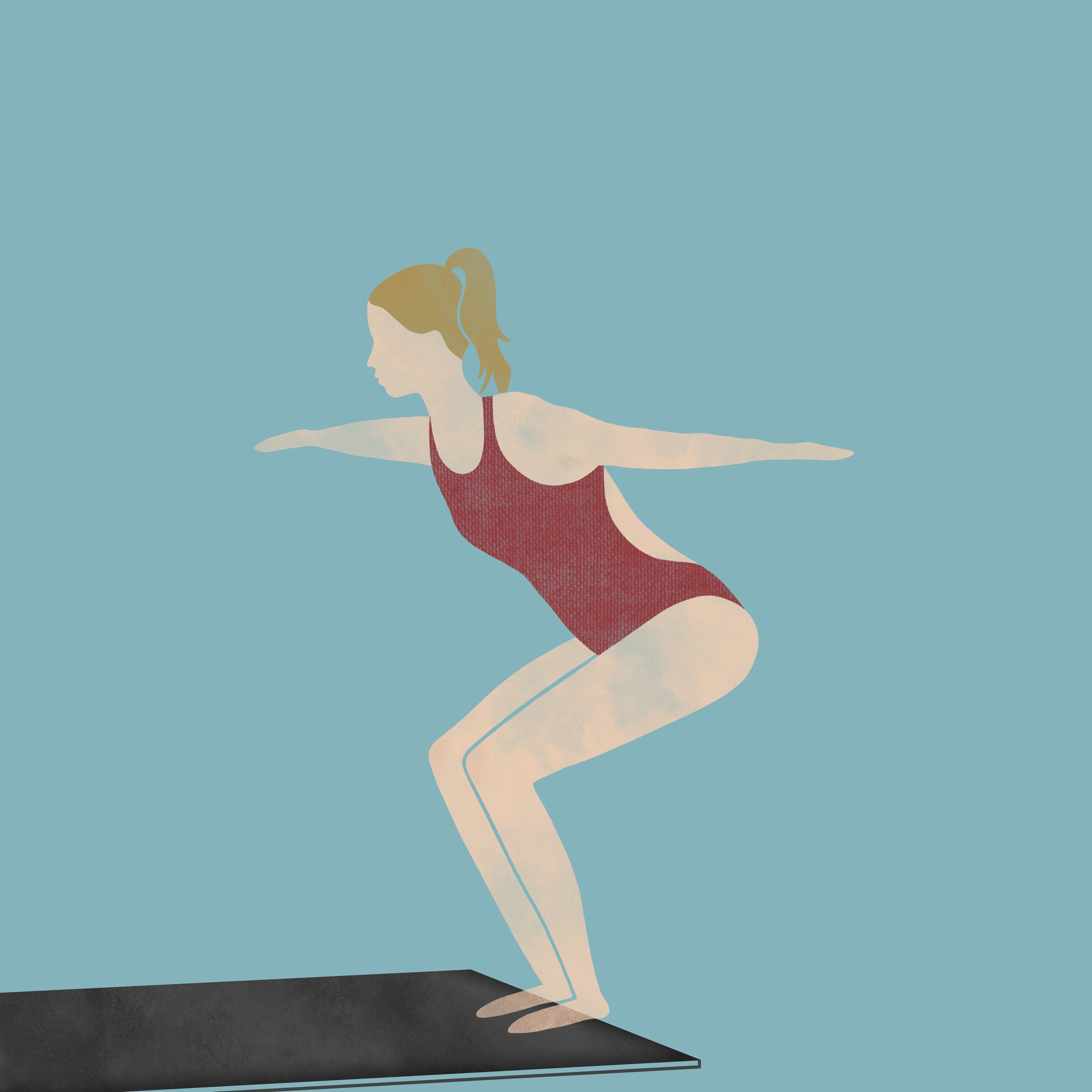 Die Turmspringerinnen: Die Zeichnung zur Episode 2 des Podcasts zeigt eine Turmspringerin auf einem Sprungbrett, die sich sich in einer leichten Hocke auf den Sprung vorbereitet.