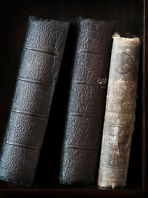 Drei alte, historische Bücher stehen aneinander gelehnt in einem Regal