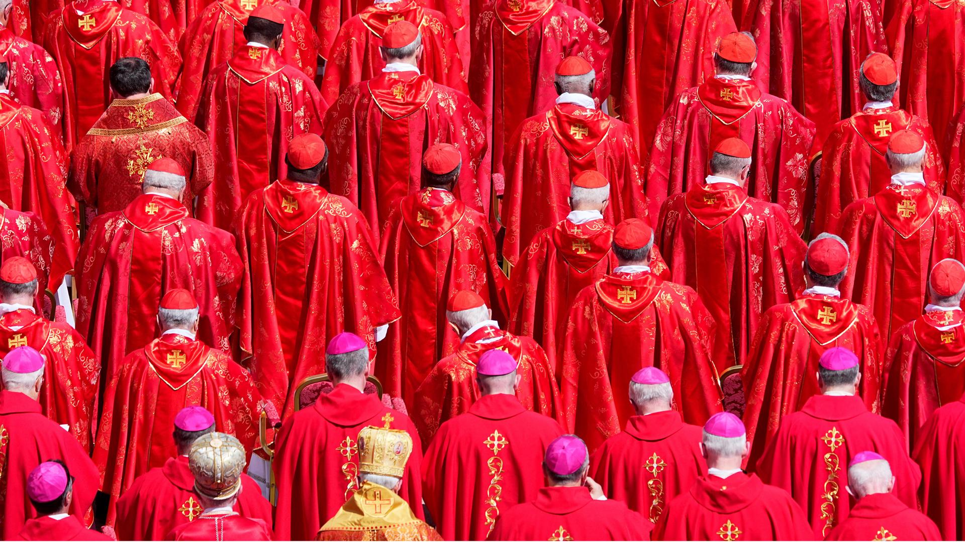 Kardinäle und Bischöfe bei der Trauermesse für Papst Franziskus. Die Männer tagen alle rote Gewänder und sind von hinten zu sehen.