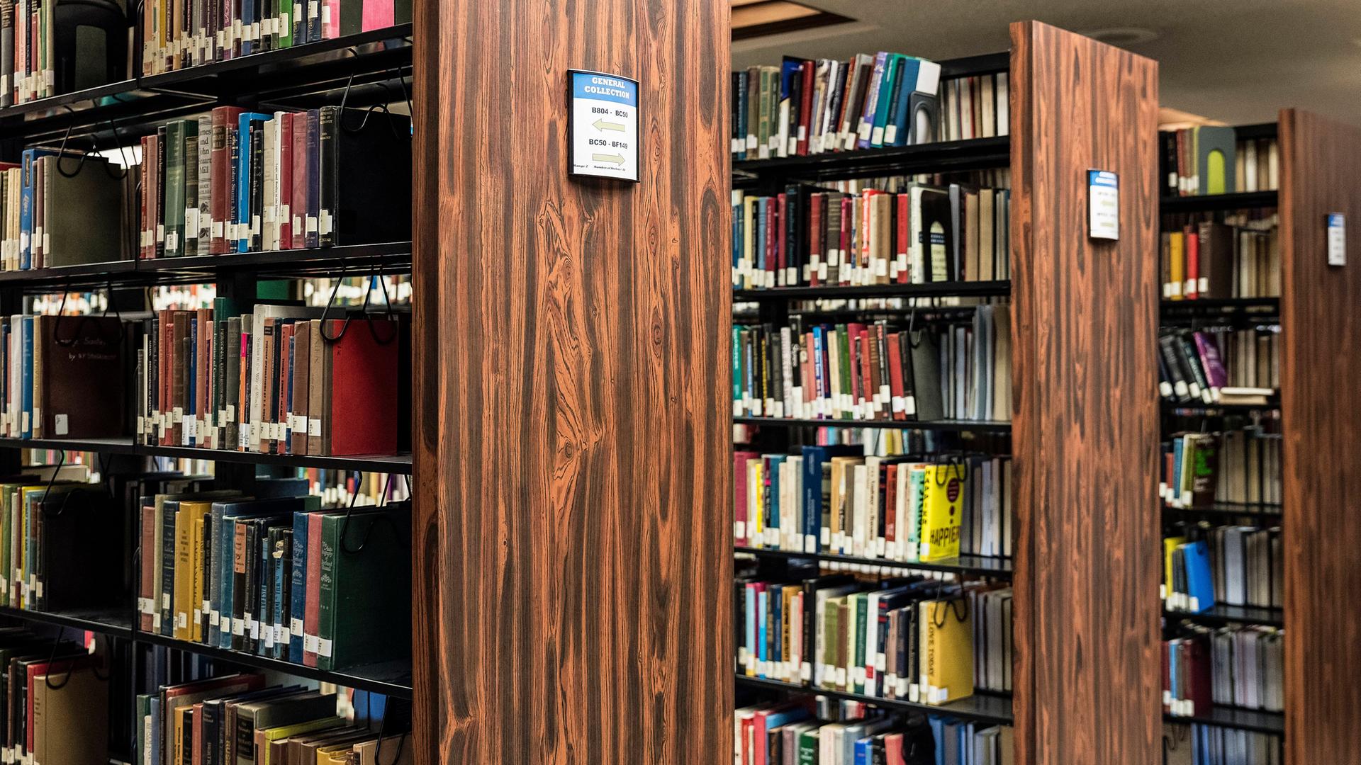 Reihenweise Bücher in einer Schulbibliothek in den USA.