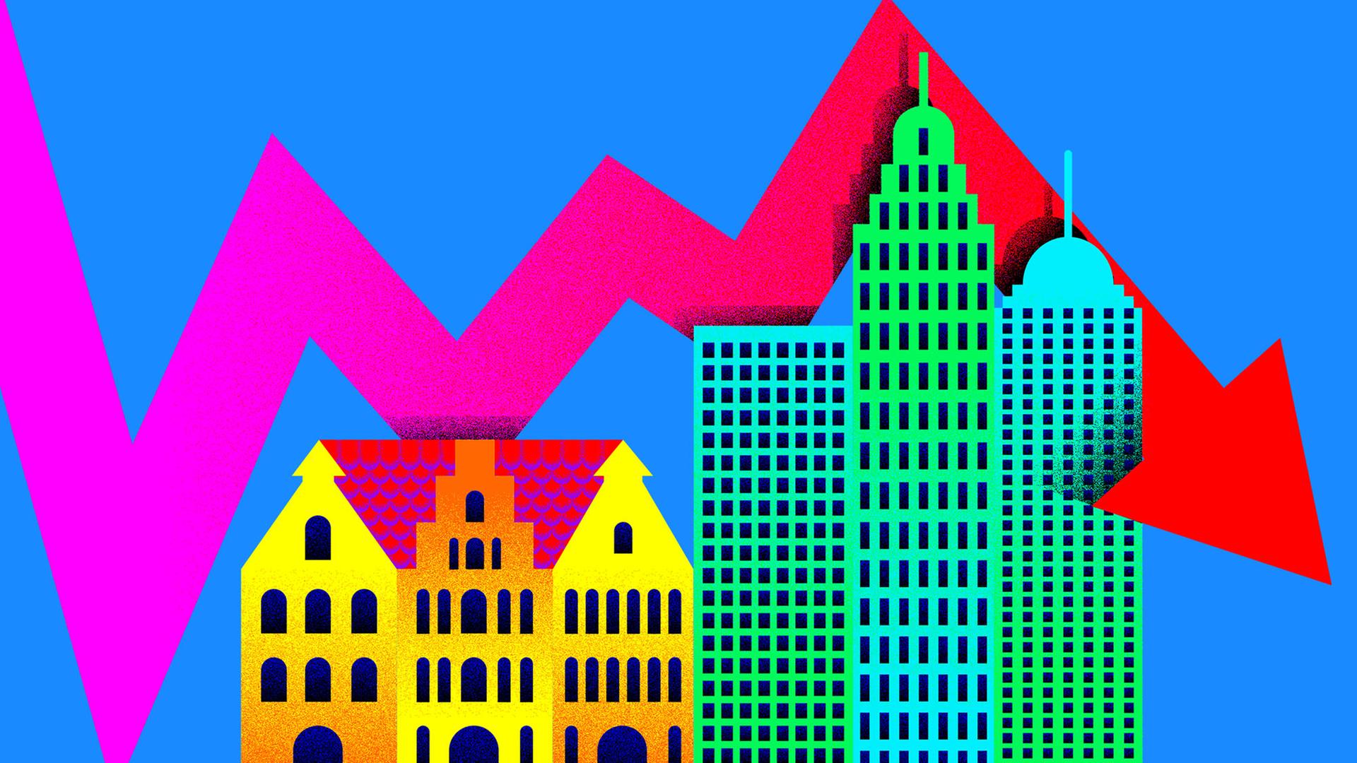 Die Grafik zeigt zwei Gebäude - darüber ein gezackter Pfeil