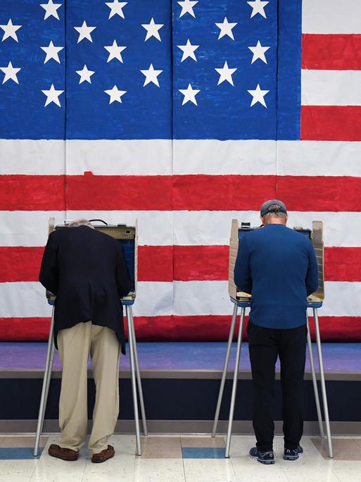 Mehrere Personen stehen an Wahlurnen, an der Wand dahinter hängt eine große US-Flagge. Mehrere Personen stehen an Wahlurnen, an der Wand dahinter hängt eine große US-Flagge.