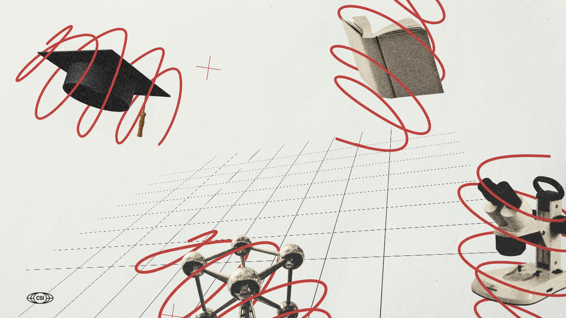 Illustration zum Recherche-Projekt China Science Investigation. Zu sehen ist eine Collage mit einem Mikroskop, einem Talar, einem Buch und einer Art Atomium, allesamt umringt von roten Bändern.