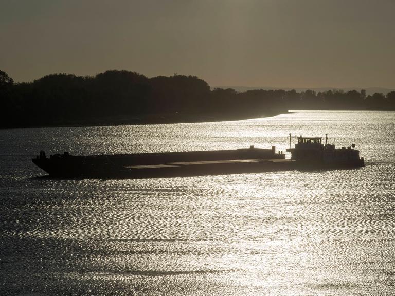 Ein Frachter fährt auf einem Fluß in der Abendsonne