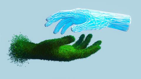 Illustration: Eine vektorbasierte KI-Hand greift in eine grüne Hand, die aus Pflanzen besteht. Illustration: Eine vektorbasierte KI-Hand greift in eine grüne Hand, die aus Pflanzen besteht.